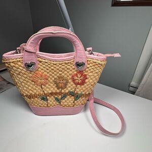 Floral straw tote / purse lavender faux crocodile bottom & handles